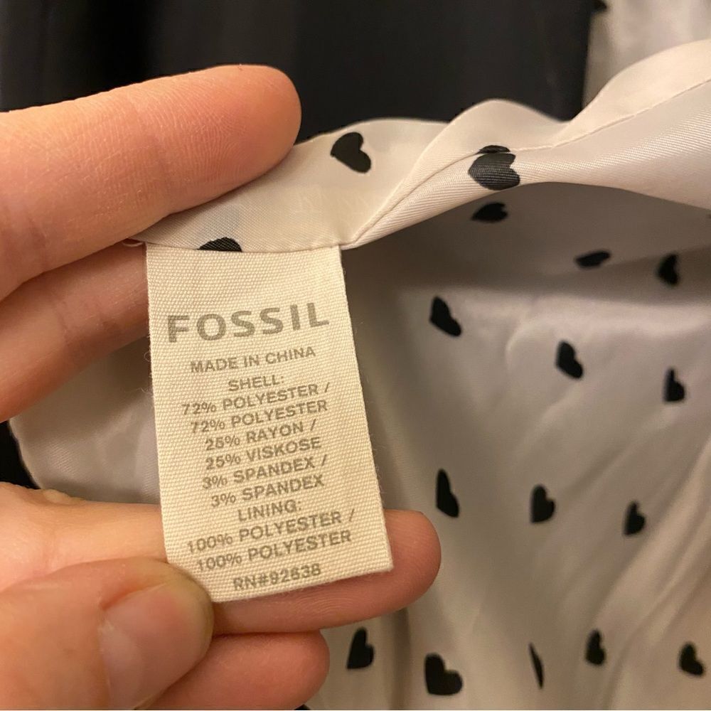 Fossil Black Open Front Blazer Large Heart Print Lining Pockets - Picture 4 of 8